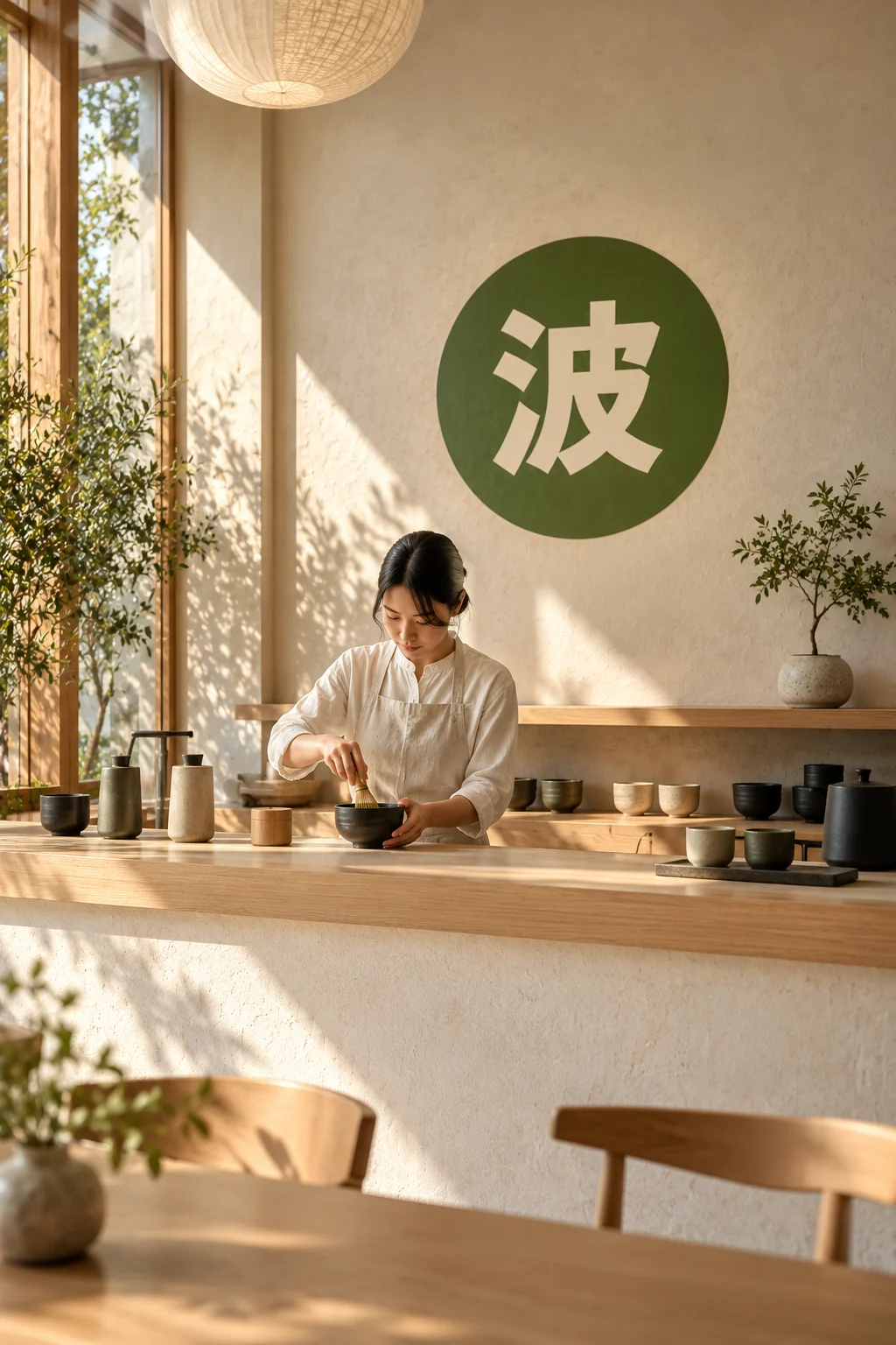 Innenraum der NAMI Matcha Bar mit Siegel an der Wand