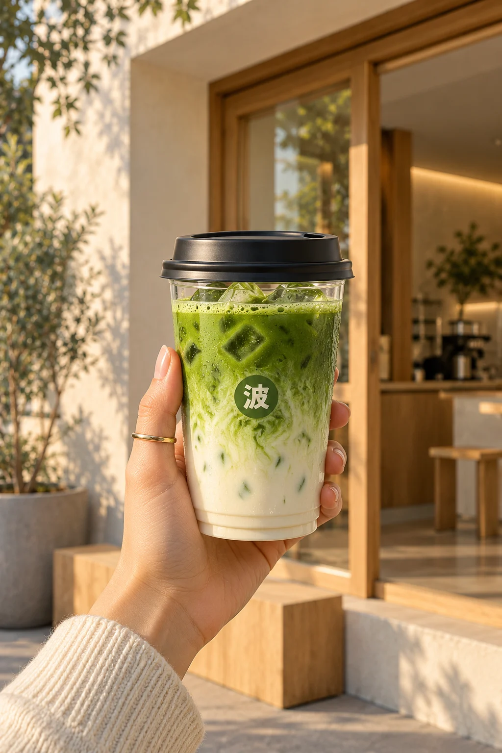 Hand hält einen NAMI Iced Matcha vor dem Café
